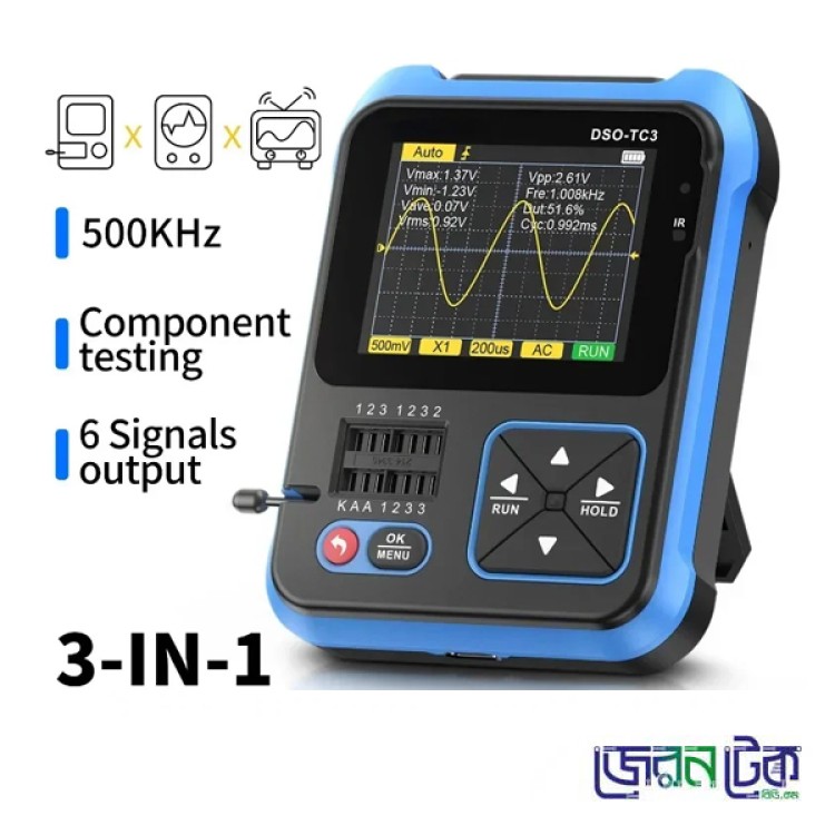 FNIRSI DSO-TC3 3in1 Digital Oscilloscope with Transistor Tester Function Diode Signal Generator.